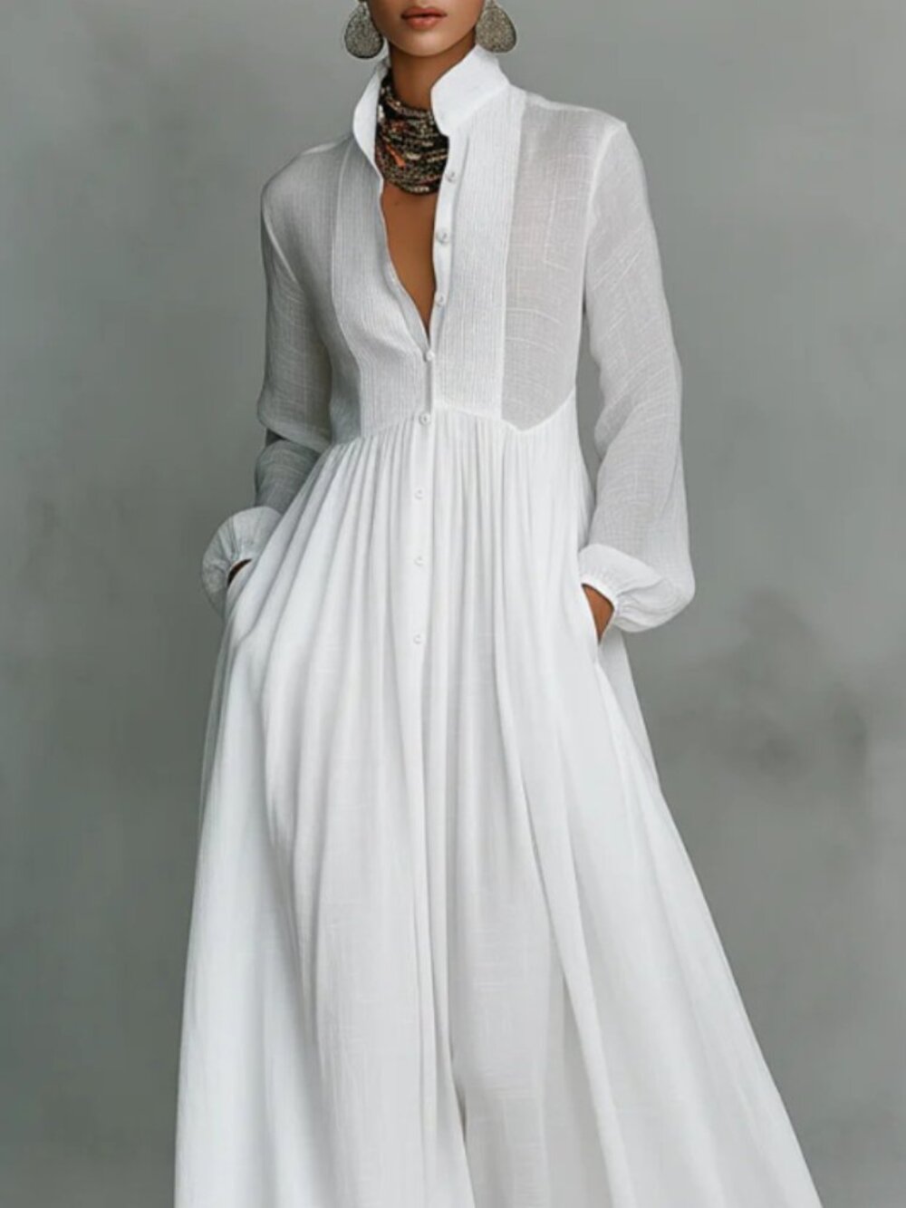 Women's White Maxi Dress Long Lantern Sleeve Pleated A-Line French Cottagecore - Picture 2 of 4